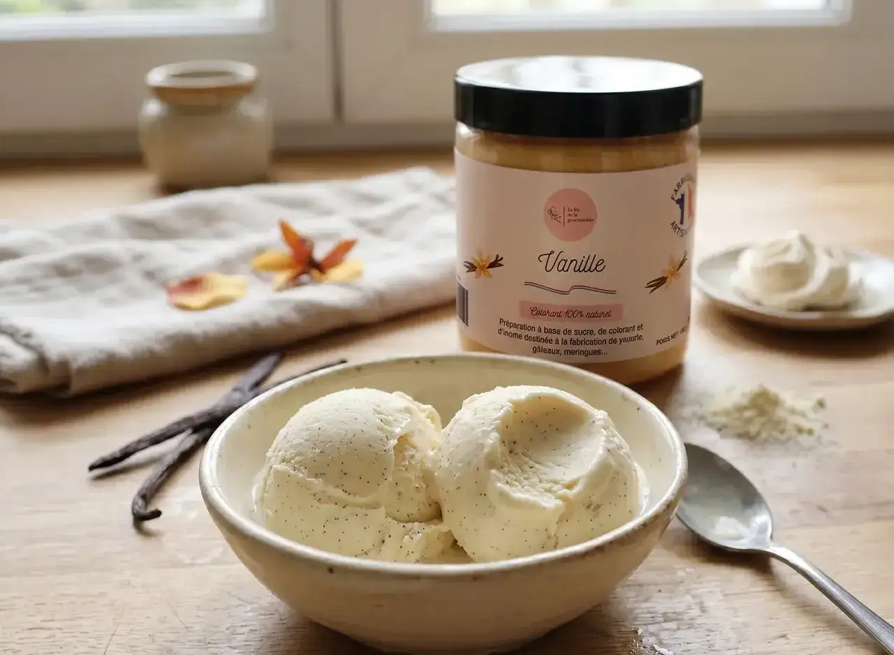 Deux boules de glace vanille sorbeti&egrave;re dans un bol, accompagn&eacute;es de gousses de vanille et d'un pot de pr&eacute;paration.