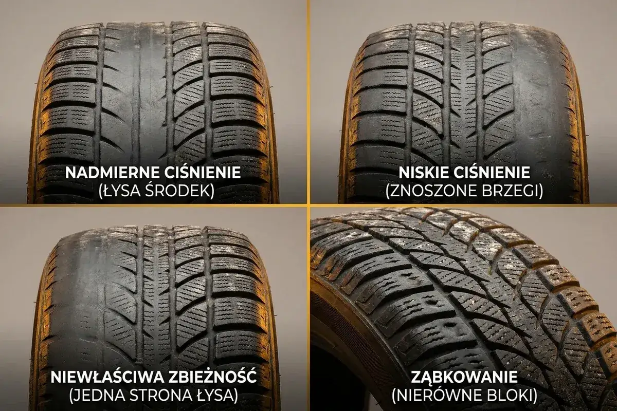 Cztery zużyte opony zimowe latem: nadmierne ciśnienie, niskie ciśnienie, niewłaściwa zbieżność i ząbkowanie.