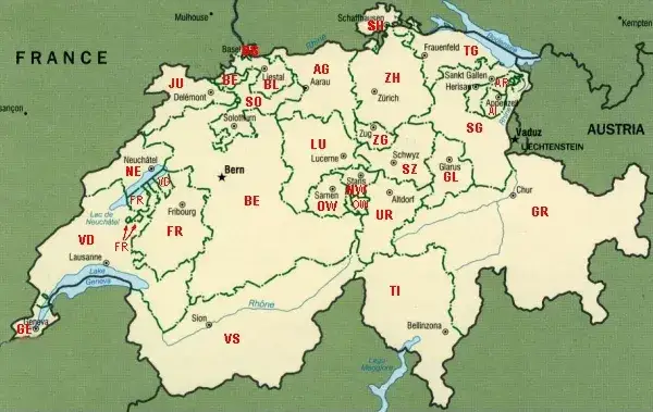 Mapa Szwajcarii kantony Zurych Genewa