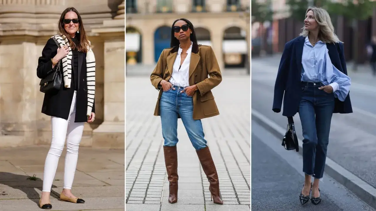 Trzy kobiety prezentują modne stylizacje z jeansami rurkami. Eleganckie marynarki i stylowe buty dopełniają całość.