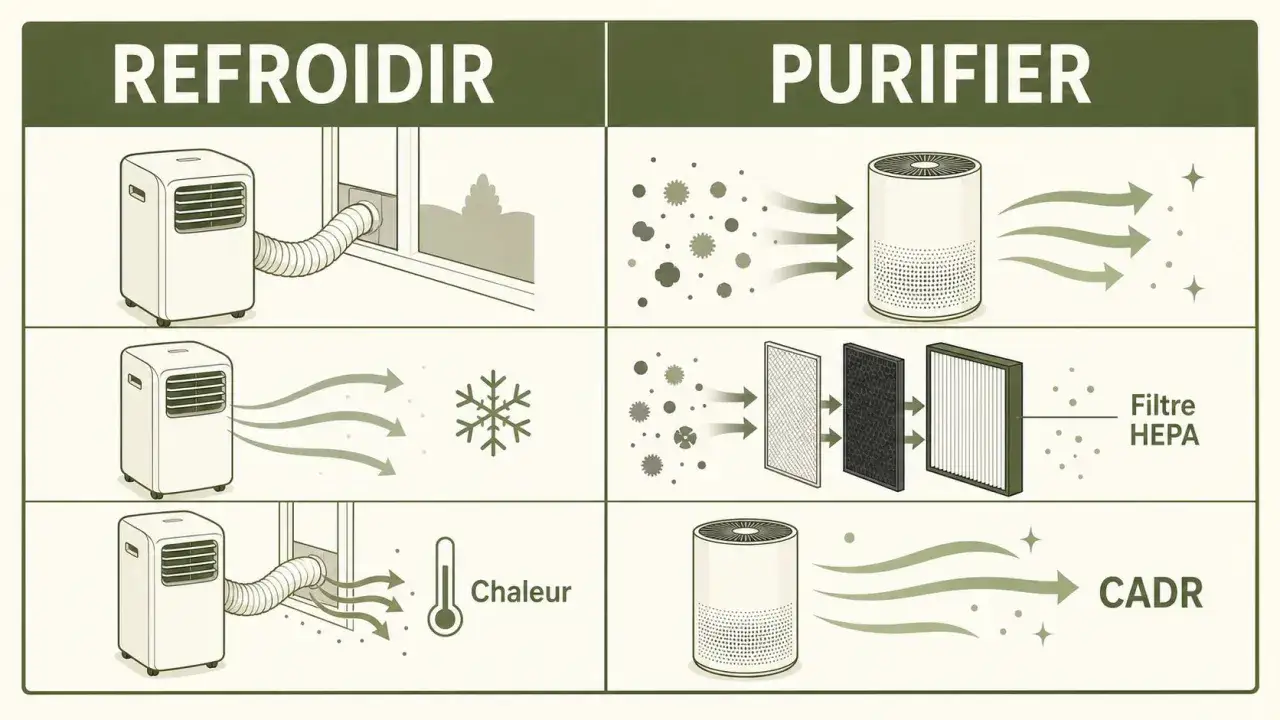 Comparaison entre climatisation et purificateur d'air. La climatisation peut avoir des effets n&eacute;fastes, tandis que le purificateur filtre les particules.