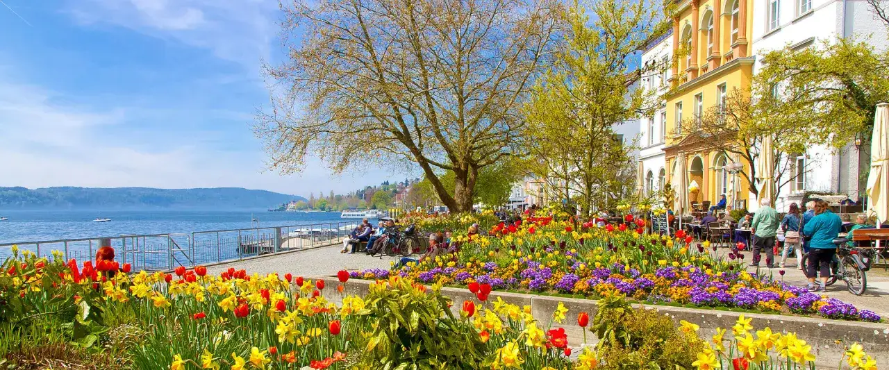 Friedrichshafen heute: bunte Blumenpracht am Seeufer, Menschen genie&szlig;en die Sonne vor Caf&eacute;s, Boote auf dem Wasser.