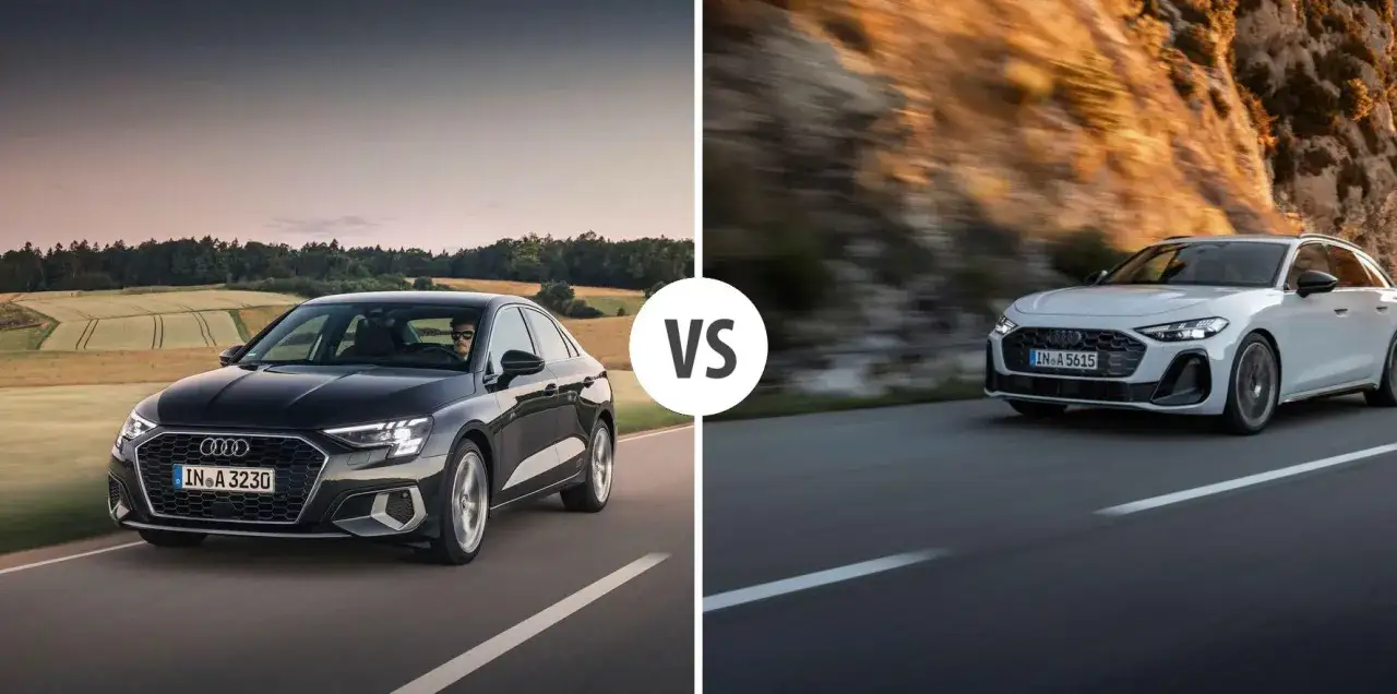 Czarny Audi sedan na tle pól i lasów kontra biały Audi Avant pędzący po górskiej drodze.