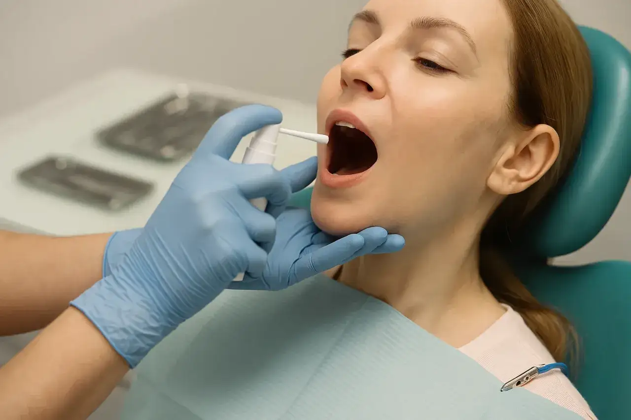 Dentysta aplikuje znieczulenie w sprayu do ust pacjentki, przygotowując ją do zabiegu.