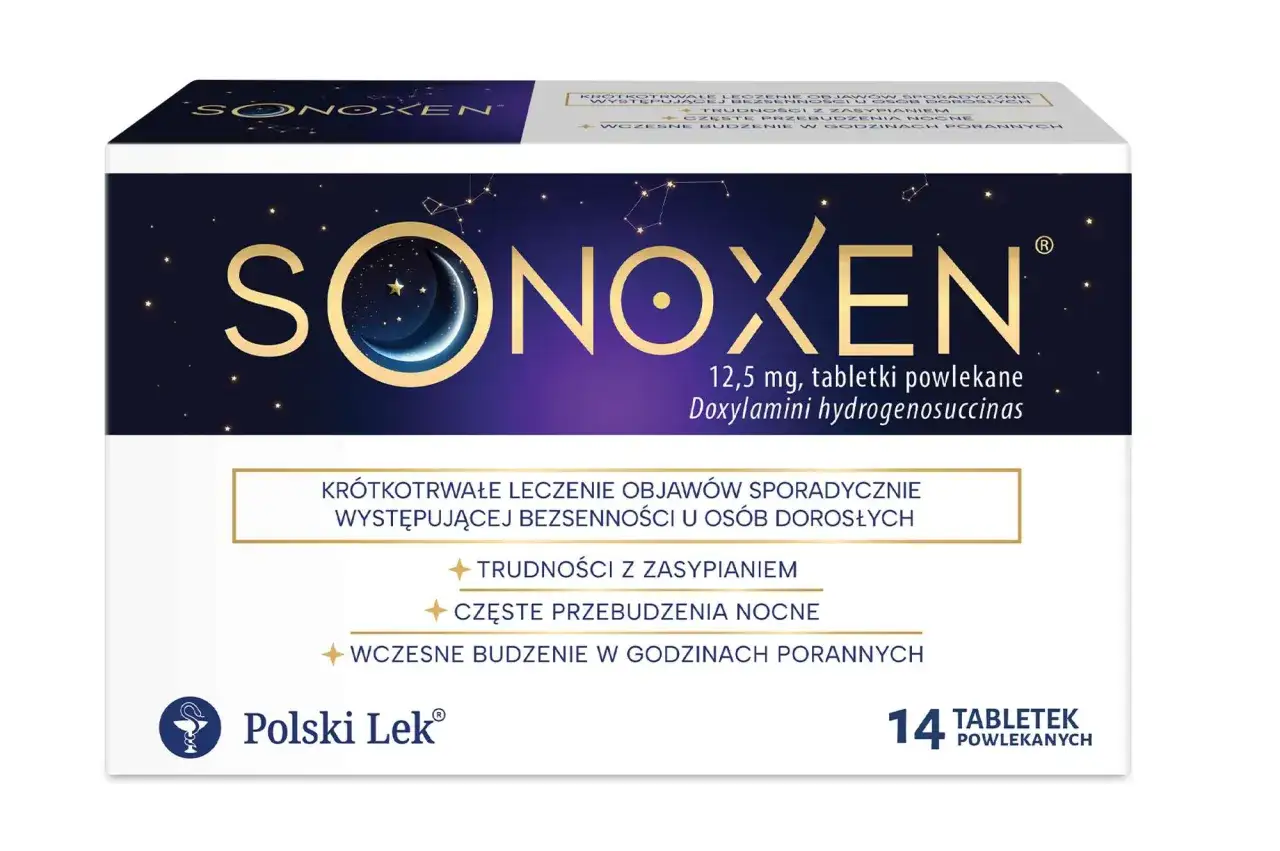 Opakowanie leku SONOXEN na bezsenność, z księżycem i gwiazdami. Pomaga przy trudnościach z zasypianiem.