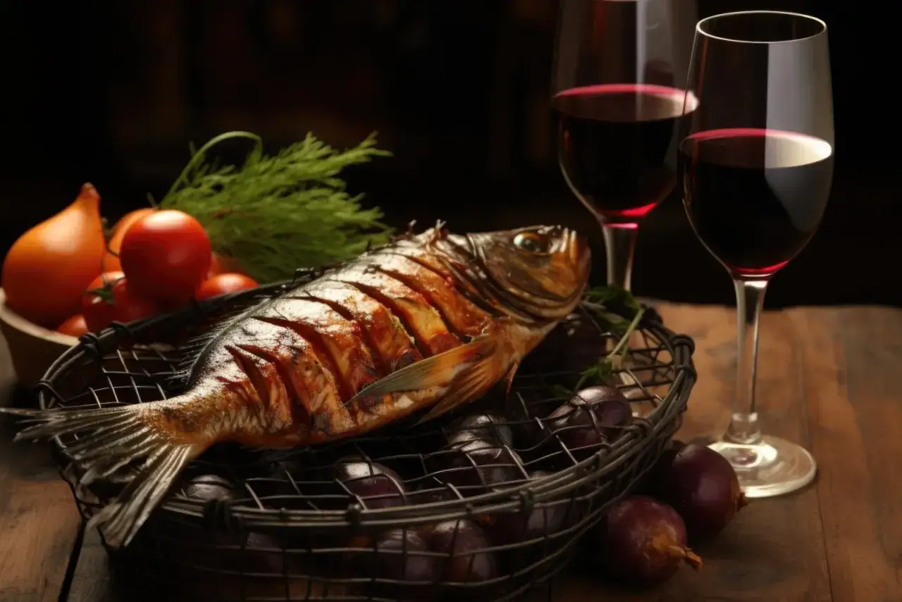 Poisson grillé, tomates, oignons et deux verres de vin rouge. Une question se pose : quel vin rouge avec du poisson ?