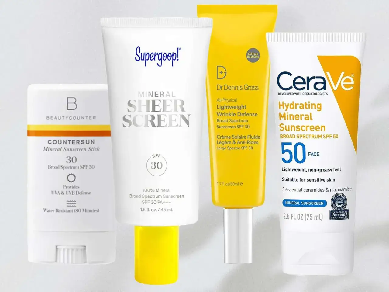 Fyra tuber och en stick med mineral solskydd från olika märken, alla med SPF 30 eller 50.