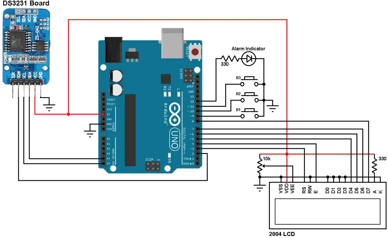 Schema di un **arduino clock** con modulo DS3231, pulsanti e display LCD 2004.