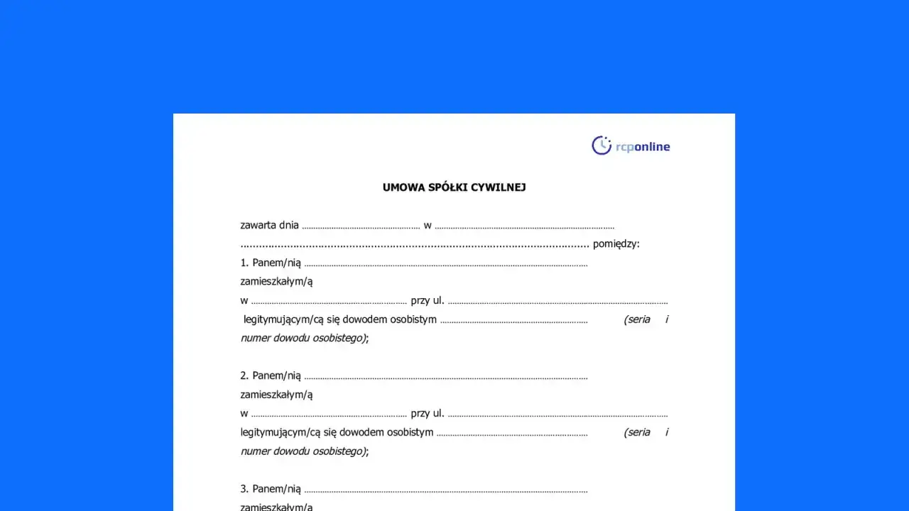 Formularz umowy spółki cywilnej. Wpisz dane wspólników, ich adresy i numery dowodów osobistych.
