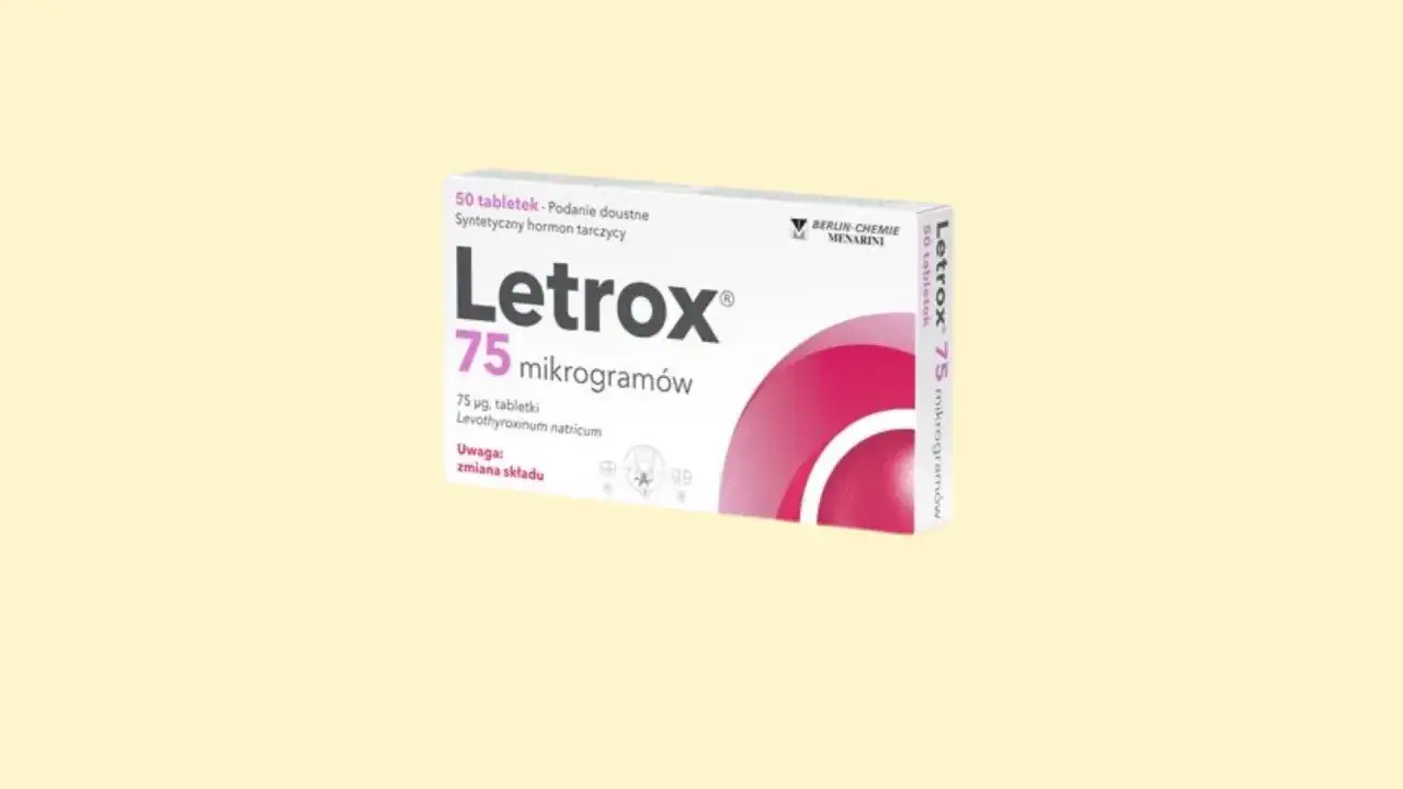 Opakowanie leku Letrox 75 mikrogramów. Pytanie: czy przed badaniem tarczycy brać tabletkę? Konsultacja z lekarzem jest kluczowa.