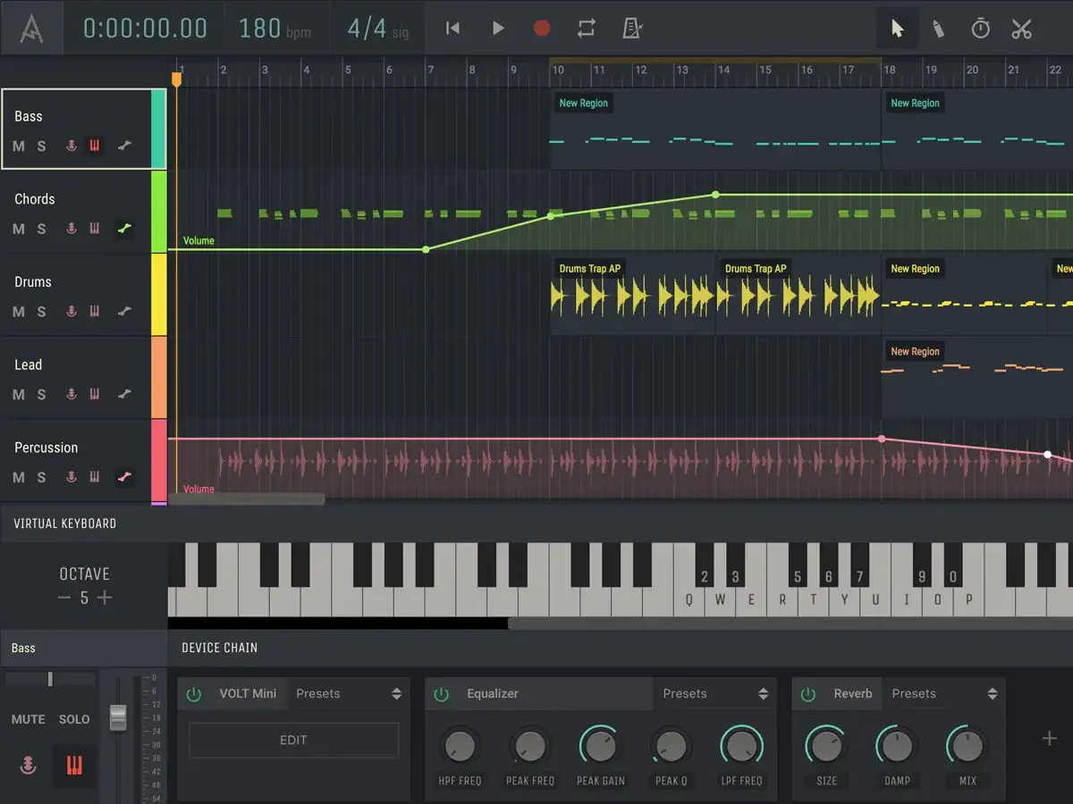 Sequenza musicale in un software di produzione: linee di basso, accordi, batteria e percussioni compongono cos'è un beat. Tastiera virtuale e controlli effetti in basso.