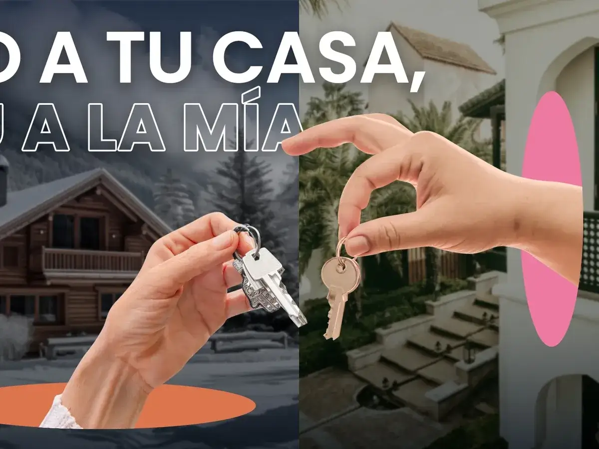 Manos intercambian llaves, simbolizando un intercambio de casas entre particulares. Una casa de madera nevada y una villa soleada.