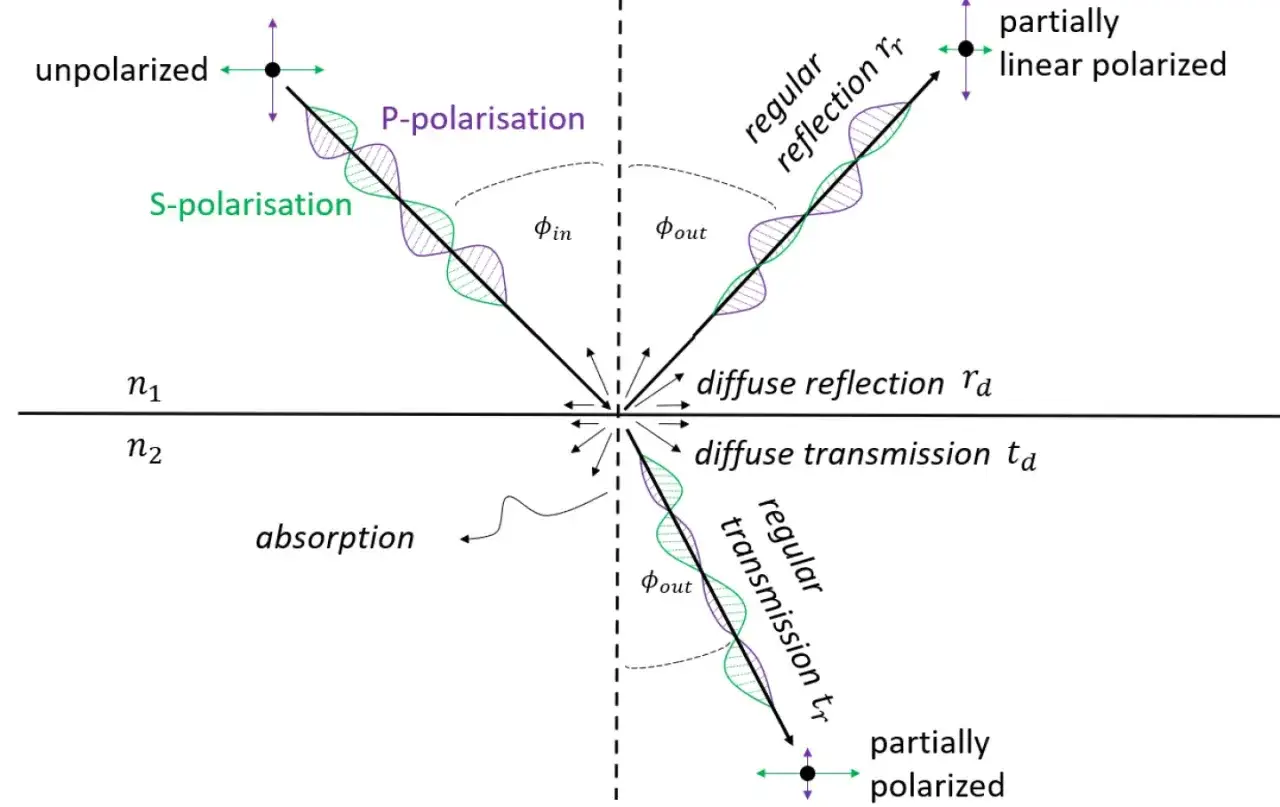 Licht trifft auf eine Grenzfläche, wo es reflektiert, transmittiert oder zur **absorption** kommt. P- und S-Polarisationen werden dargestellt.