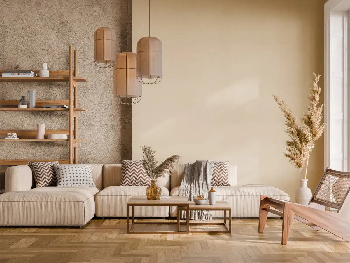 Sof&aacute; modular beige, mesas de centro de madera, estanter&iacute;a y silla de dise&ntilde;o en una acogedora casa boho chic.