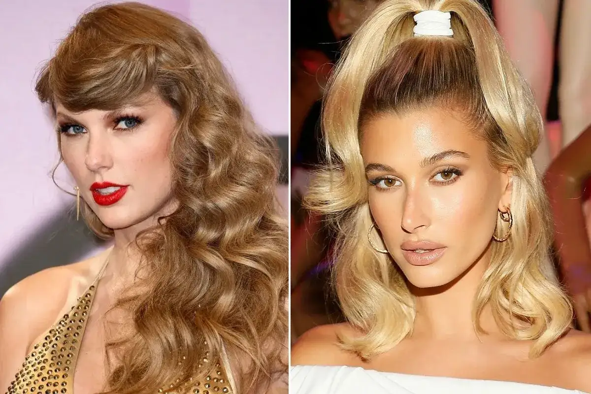 Dwie kobiety z fryzurami w stylu lat 80. Taylor Swift z burzą loków i Hailey Bieber z kucykiem na czubku głowy.