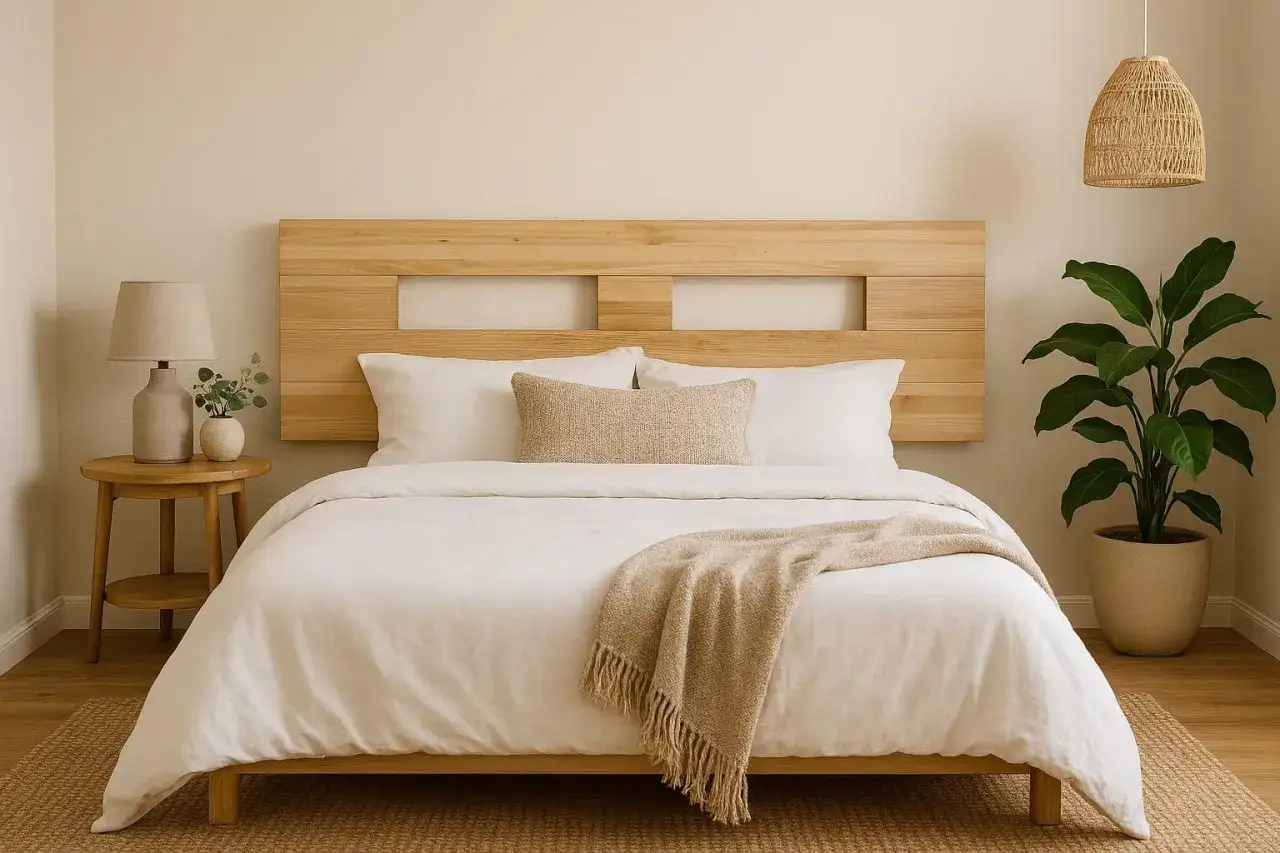 Ideas decorar pared cabecero cama matrimonio: cabecero de madera minimalista, l&aacute;mpara de mesa y planta verde.