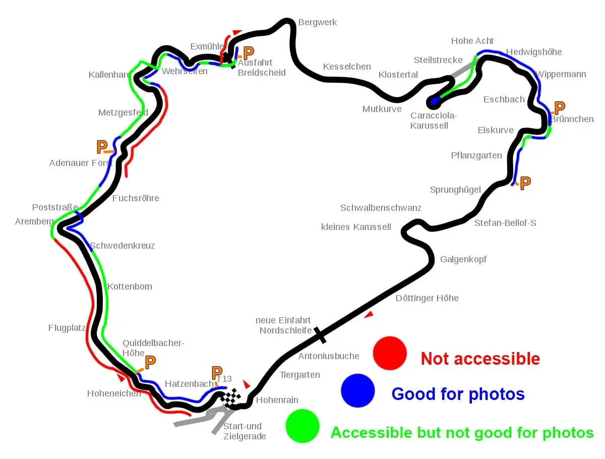Mapa toru Nürburgring z oznaczeniami dostępności i miejsc do robienia zdjęć.