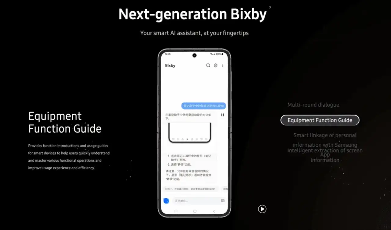 Nowoczesny Bixby, Twój inteligentny asystent AI, prezentuje przewodnik po funkcjach sprzętu, ułatwiający obsługę urządzeń.