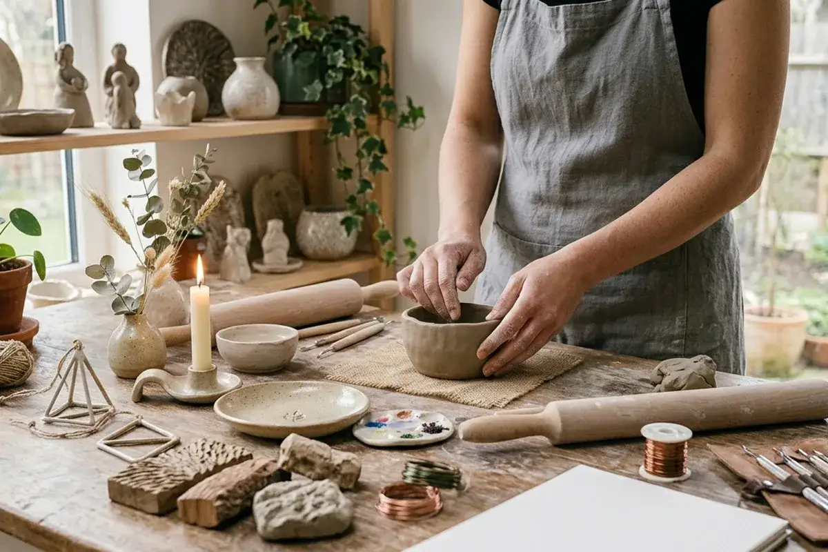Mains couvertes d'argile façonnant un bol, entourées d'outils de potier, de rouleaux et d'une bougie. Une belle idée argile pour créer.