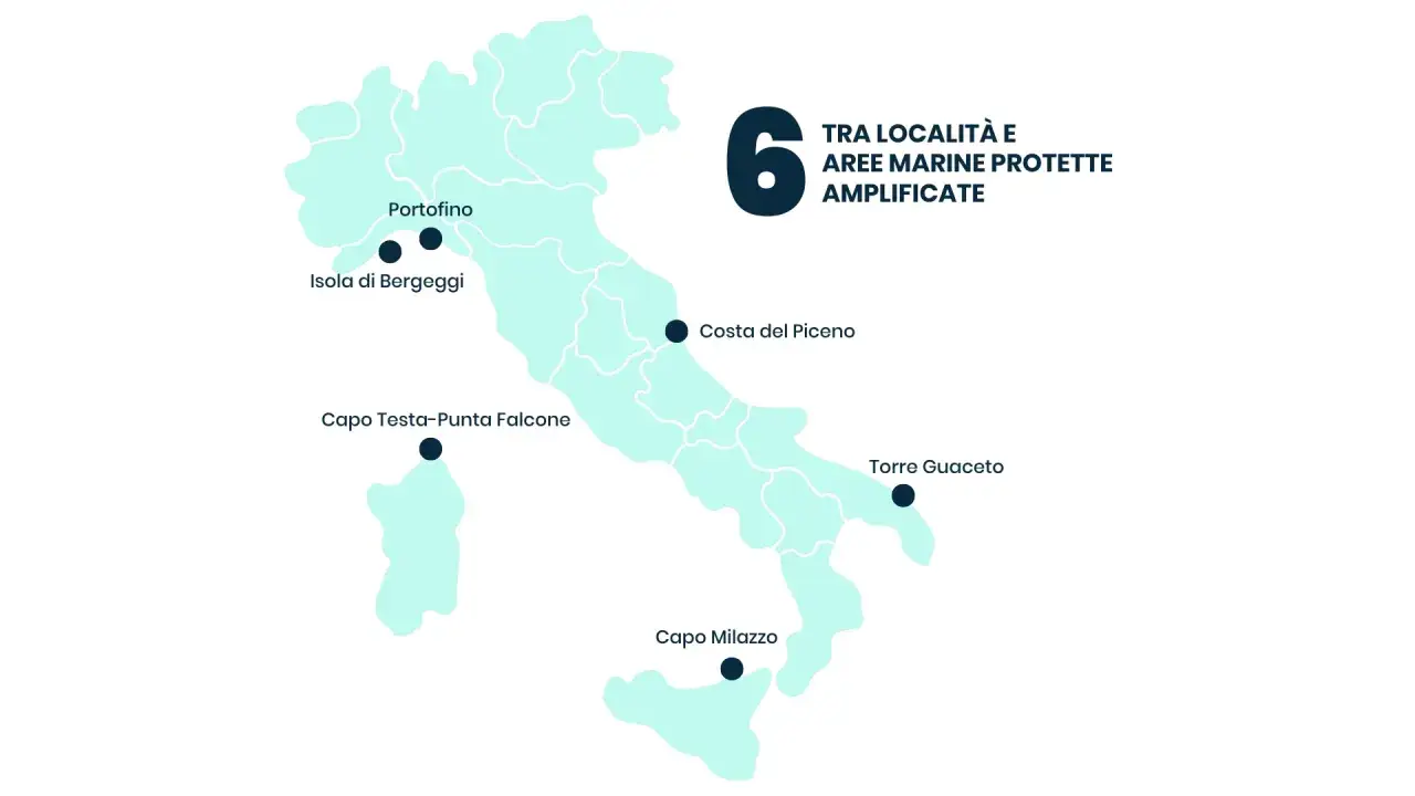 Mappa dell'Italia con 6 località evidenziate, tra cui Portofino e Capo Milazzo, che rappresentano aree marine protette.