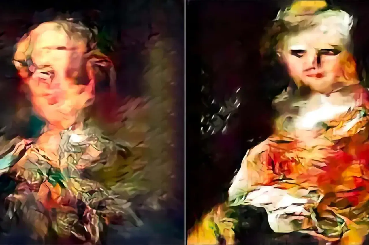 Two abstract portraits, showcasing the surreal and sometimes unsettling results of bad AI images.