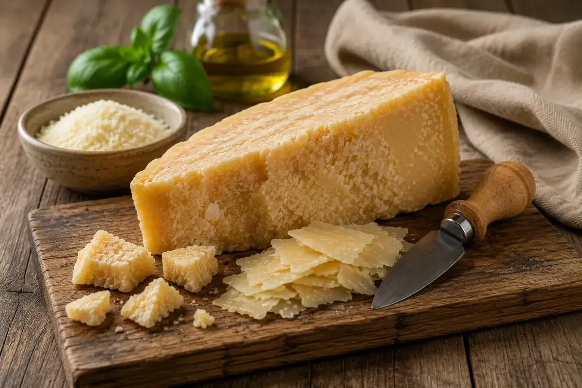 Kawałek pysznego sera Padano, obok niego pokruszone kawałki i wiórki. W tle miseczka startego sera, bazylia i oliwa.
