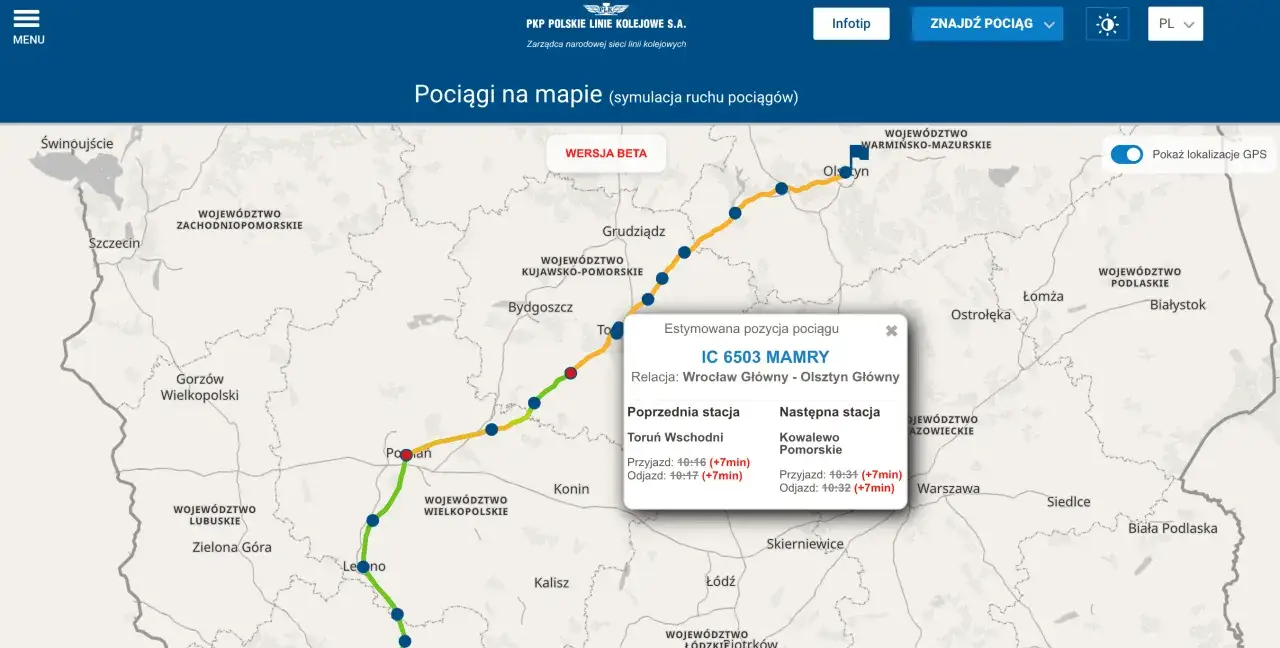 Mapa pokazuje, jak jedzie pociąg IC 6503 MAMRY z Wrocławia Gł&oacute;wnego do Olsztyna Gł&oacute;wnego, z zaznaczonymi stacjami i op&oacute;źnieniami.