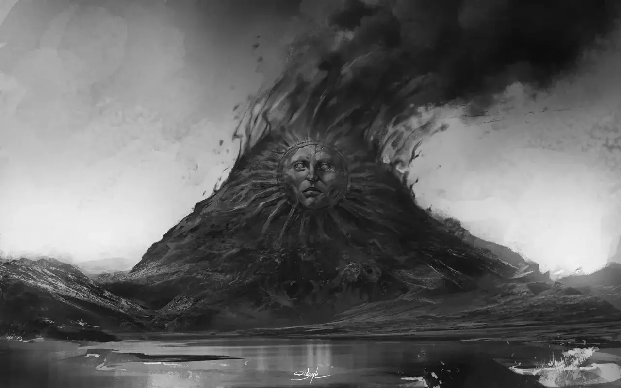 Un visage humain &eacute;merge d'un volcan en &eacute;ruption, crachant du magma gojira. Paysage sombre et dramatique.
