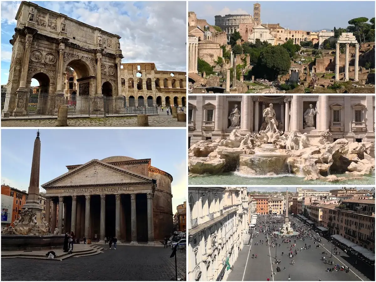 I posti più belli di Roma: Arco di Costantino, Colosseo, Foro Romano, Fontana di Trevi, Pantheon e Piazza Navona.