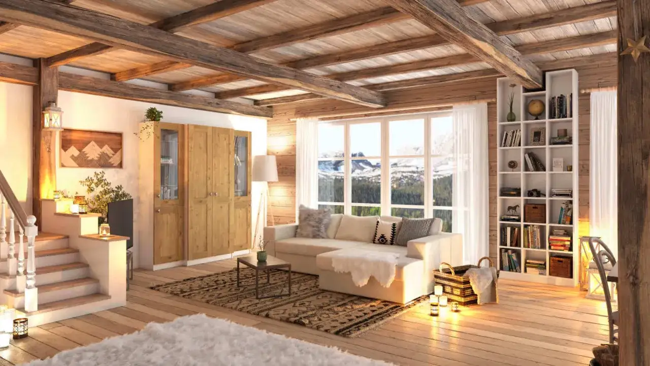 Gem&uuml;tliche wohnideen wohnzimmer im Chalet-Stil mit Holzbalken, Kamin und Bergblick.