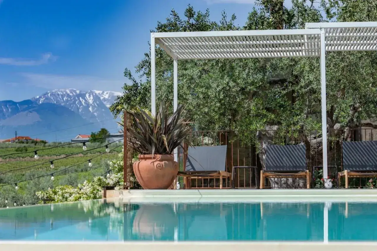 Piscina con vista sulle montagne innevate, ideale per una vacanza in Abruzzo montagna. Relax sotto il pergolato tra ulivi secolari.