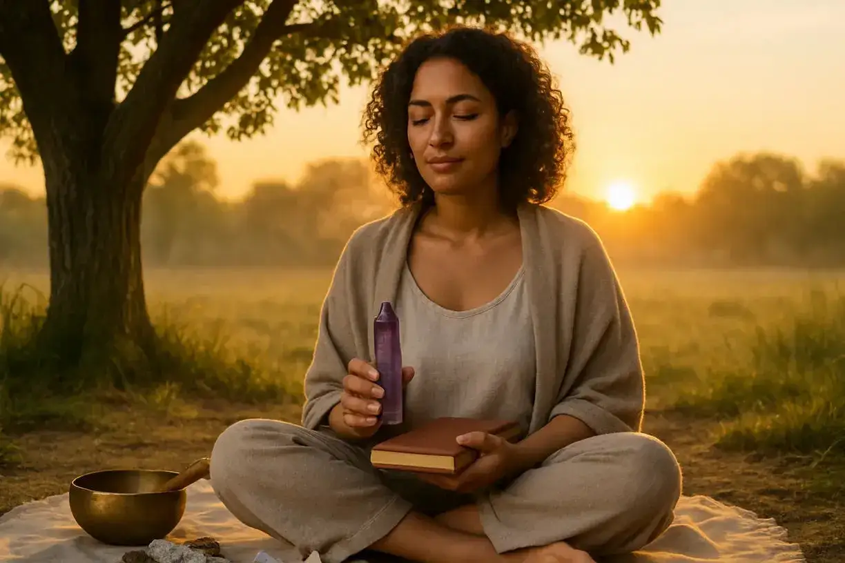Frau meditiert im Sonnenaufgang mit Kristall und Buch. Mögliche spirituelles erwachen symptome werden hier erforscht.