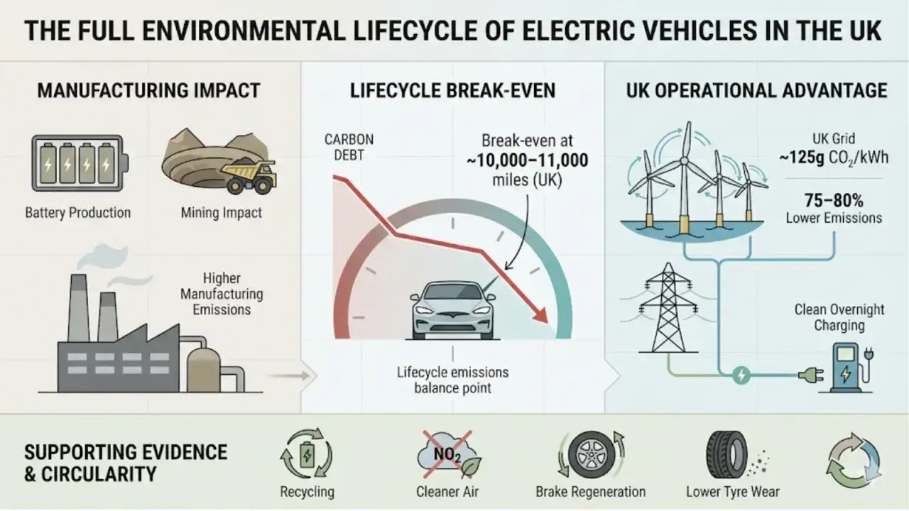 Analiza cyklu życia pojazdów elektrycznych w UK: produkcja, break-even po 10-11 tys. mil, niższe emisje dzięki UK Grid. Ślad węglowy samochodów elektrycznych jest niższy.