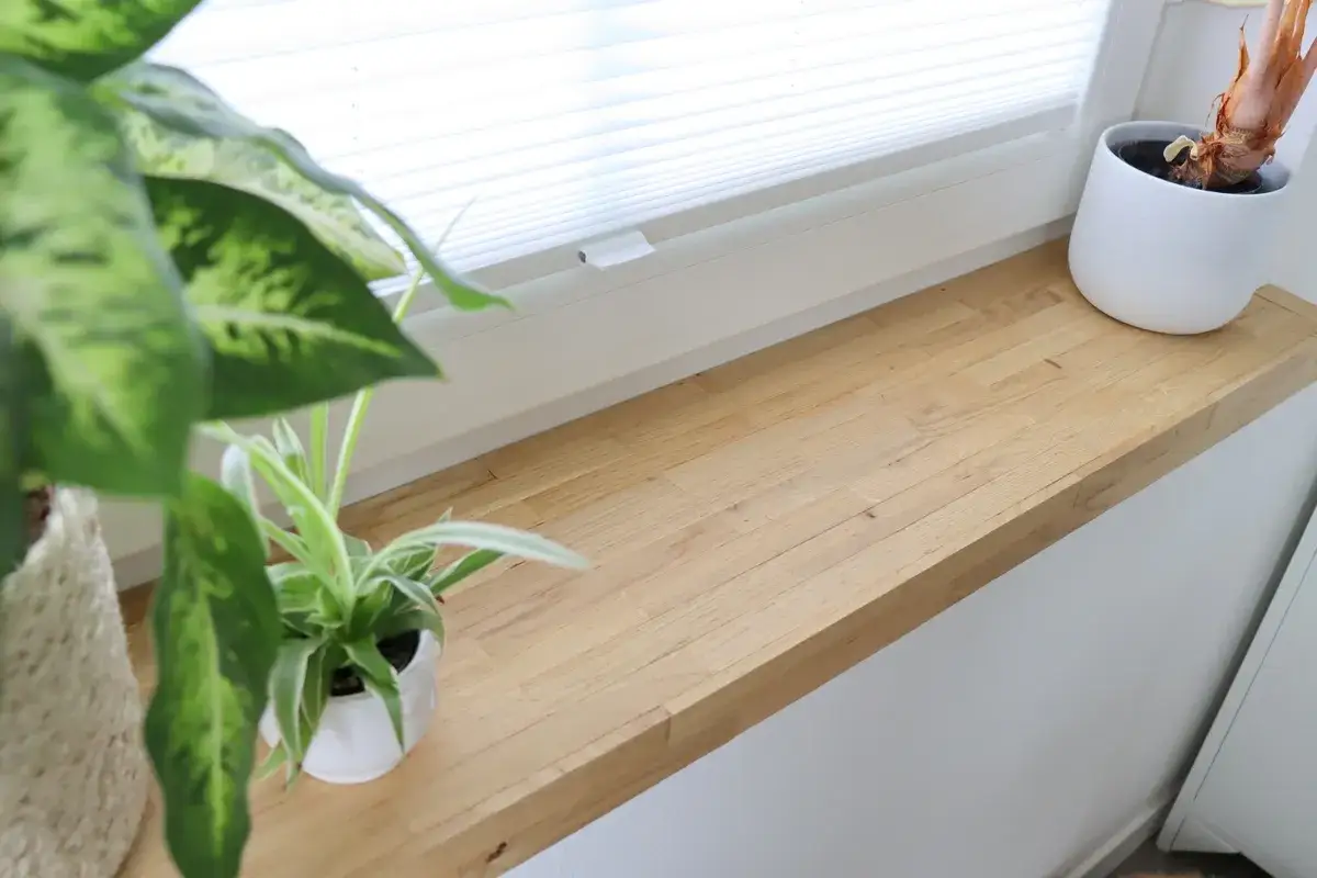 Neue Fensterbank aus Holz auf alter montiert. Pflanzen stehen darauf.
