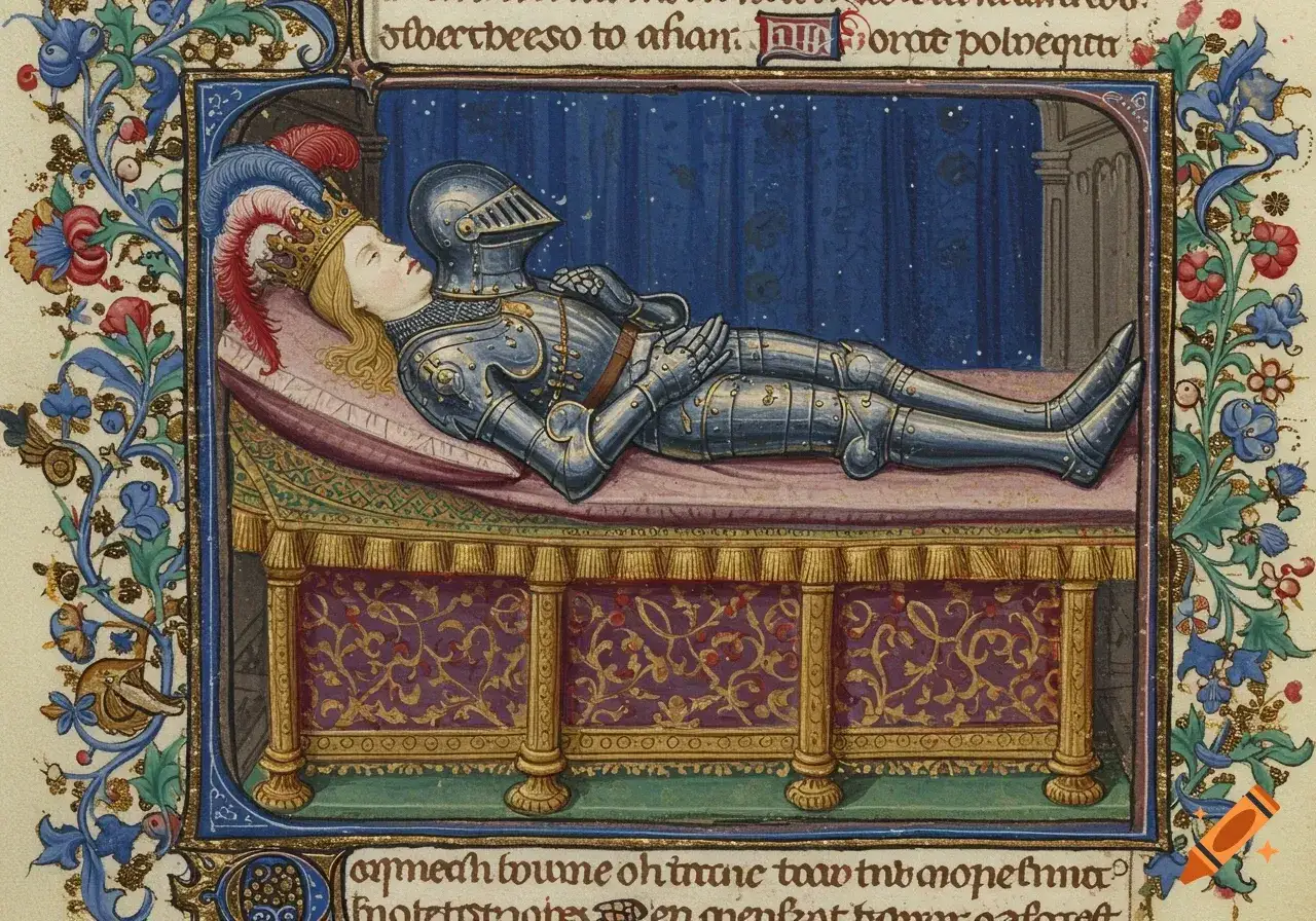 A crowned knight in armor lies on a bed, a symbol that god lifts up the humble, even in slumber.