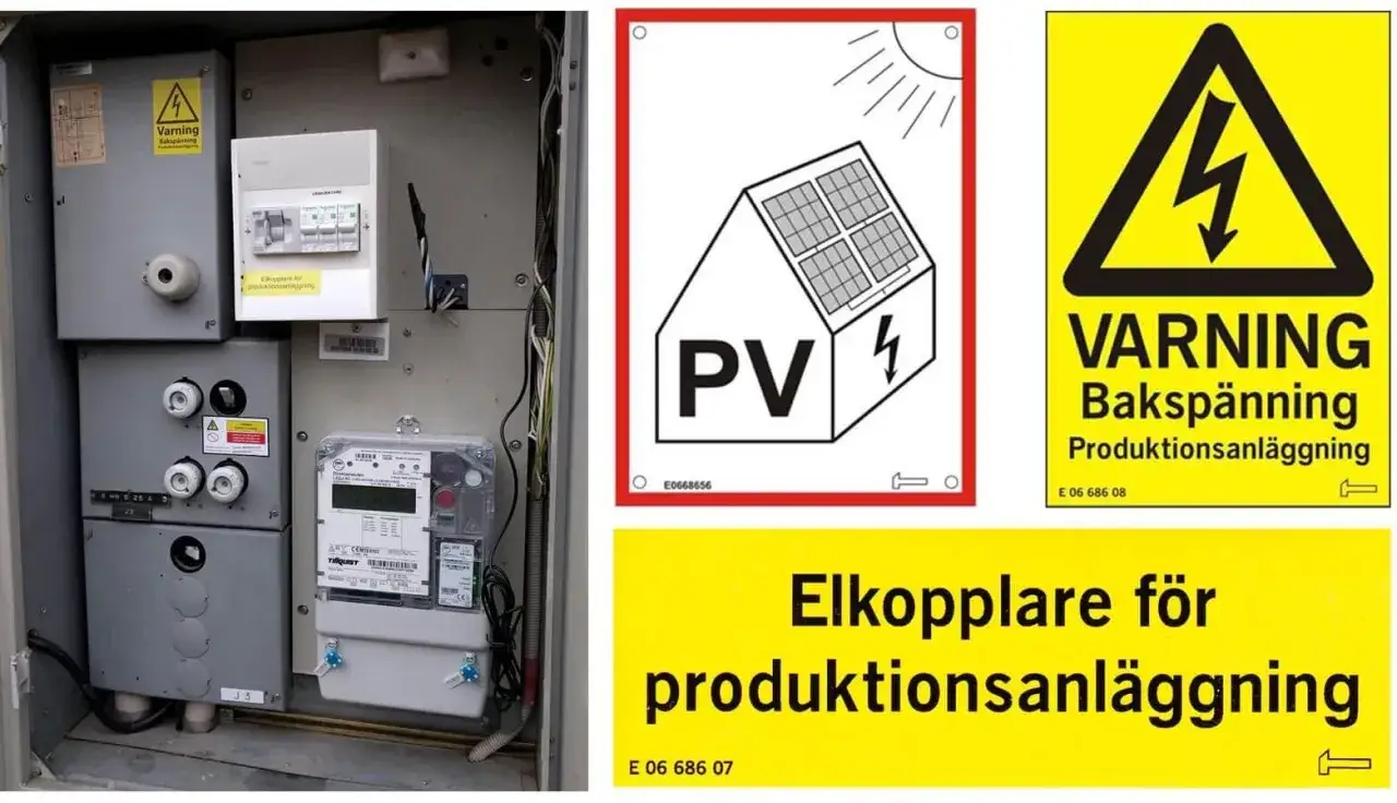 Elsk&aring;p med elm&auml;tare, s&auml;kringar och en hager huvudbrytare. Skyltar varnar f&ouml;r baksp&auml;nning och anger 