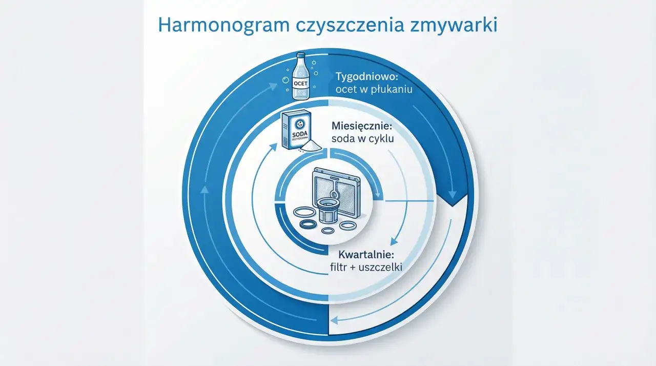 Harmonogram czyszczenia zmywarki: ocet tygodniowo, soda miesięcznie, filtr i uszczelki kwartalnie. Dlaczego odświeżacze do zmywarek są zbędne, jeśli dbasz o czystość filtra?