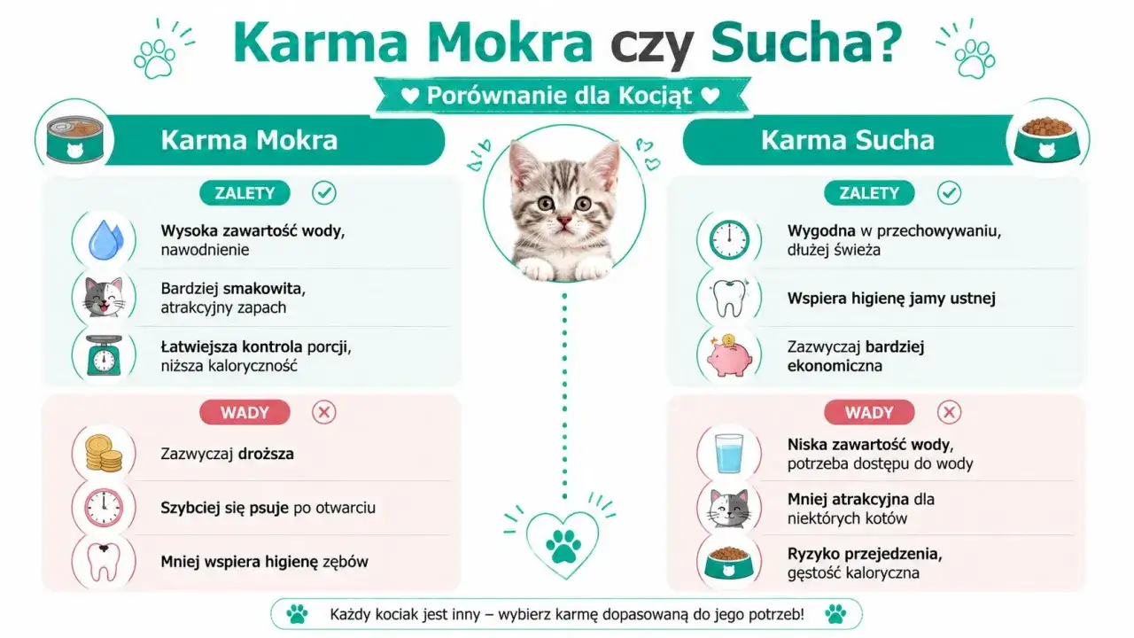 Porównanie mokrej i suchej karmy dla kociąt. Czy kot może jeść tylko suchą karmę? Zobacz zalety i wady obu rodzajów.