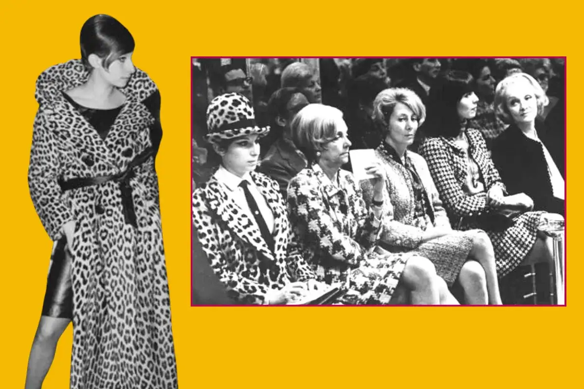 Barbra Streisand in a leopard coat and hat, and Audrey Hepburn in a patterned suit, attend a fashion show.