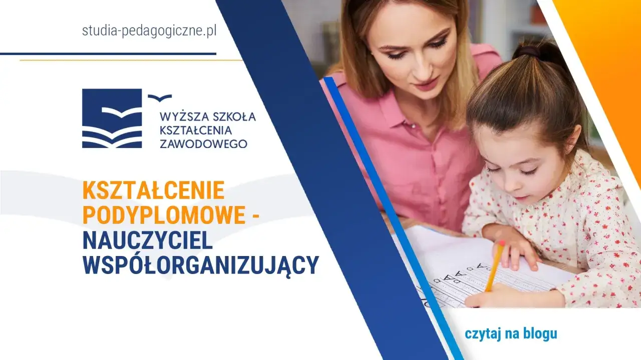 Nauczyciel wspomagający pomaga dziecku w nauce pisania. Studia podyplomowe dla nauczycieli.