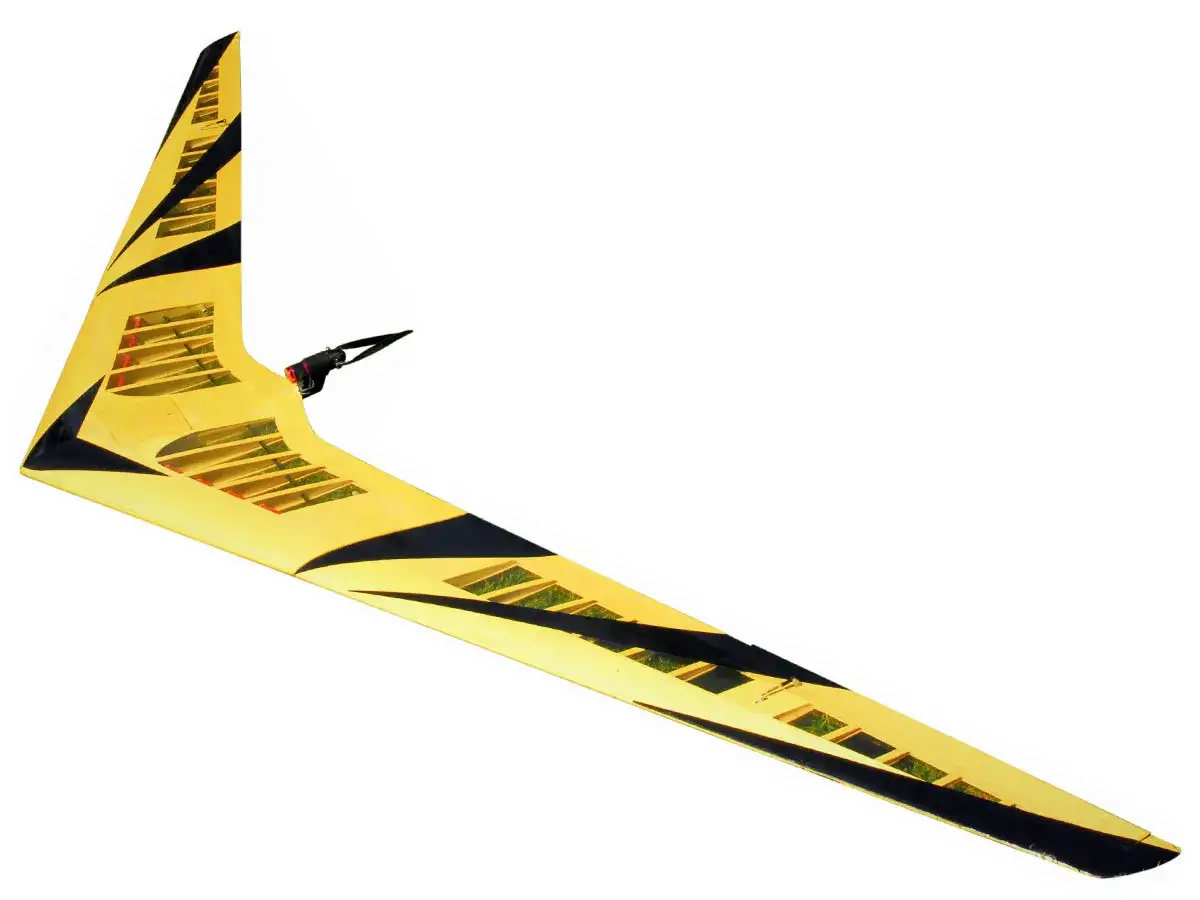 Ein gelbes **flying wing** Modellflugzeug mit schwarzen Streifen und sichtbaren Rippen.