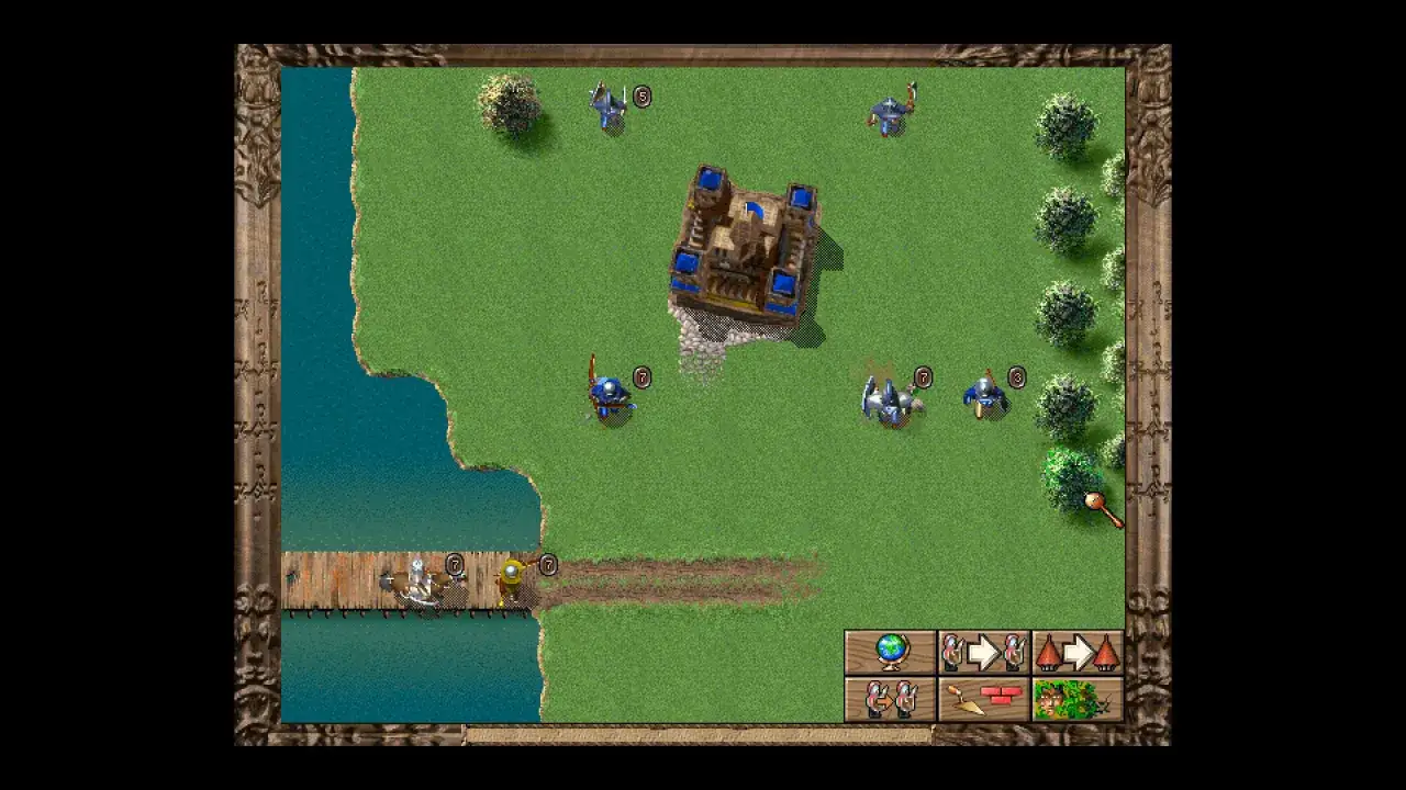 Strategiczna gra z widokiem z góry, przypominająca gry podobne do Heroes 3. Zamek, jednostki i drzewa na zielonej mapie.