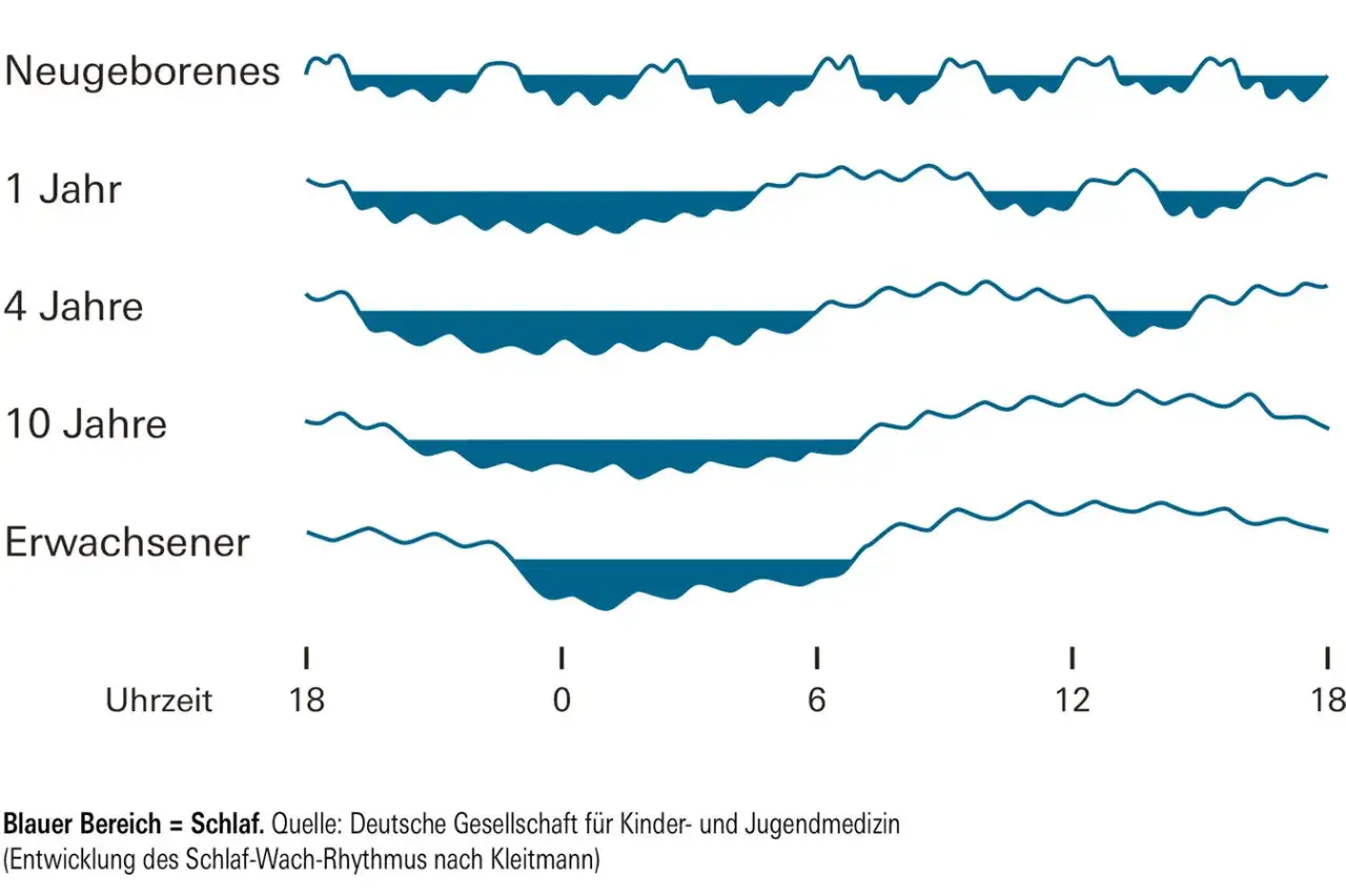Grafik zeigt die Entwicklung der Schlafzyklen bei Babys und Kindern. Mit dem Alter werden die Schlafphasen länger und zusammenhängender.
