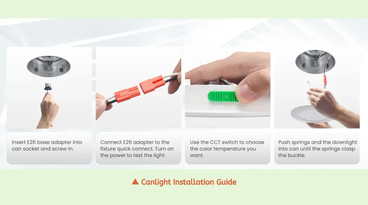 Guide d'installation d'un spot encastrable : insertion de l'adaptateur, connexion, r&eacute;glage de la temp&eacute;rature de couleur et installation.