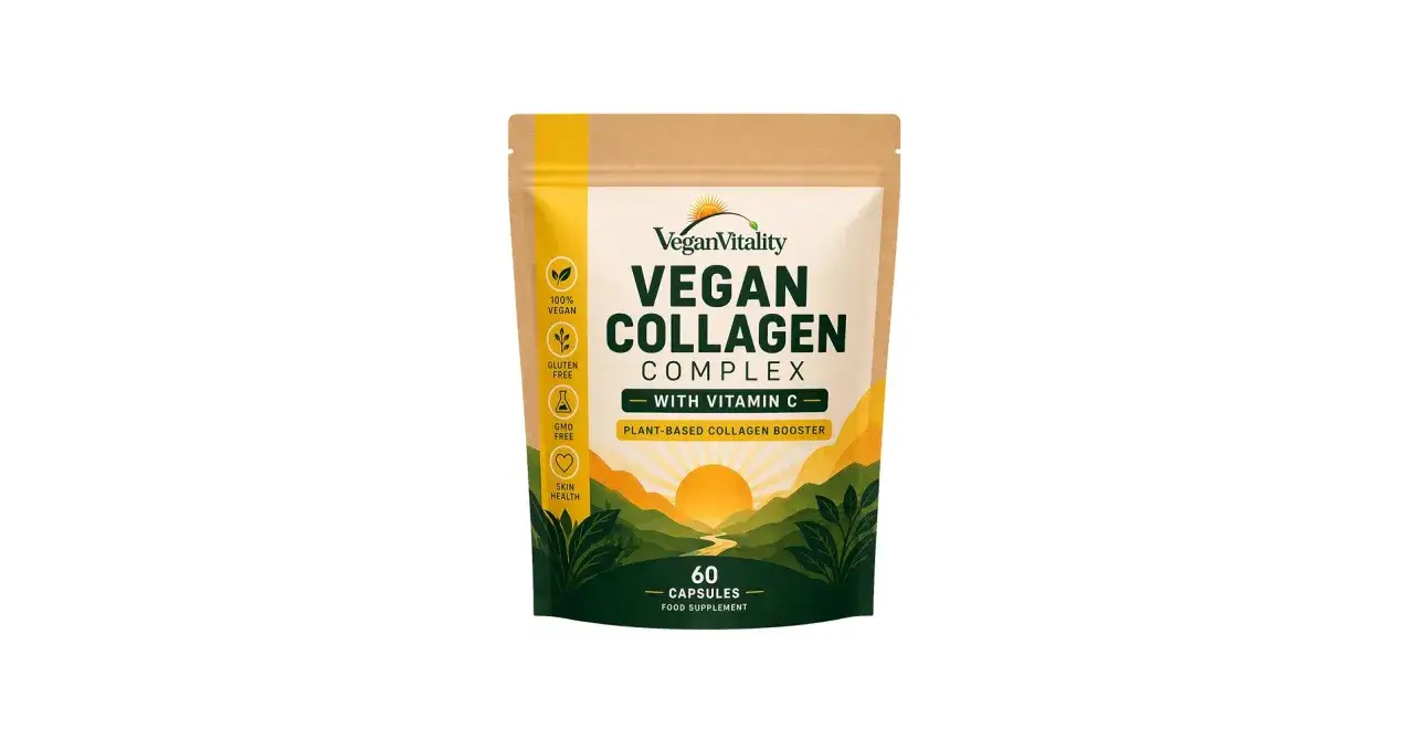 Pochette de collagène végétal VeganVitality, avec vitamine C, 60 capsules. Idéal pour la santé de la peau.