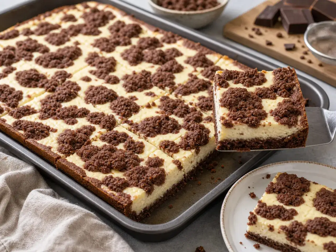 Ein frisch gebackener russischer Zupfkuchen im Blech, mit saftiger K&auml;semasse und schokoladigen Streuseln. Ein St&uuml;ck wird gerade serviert.