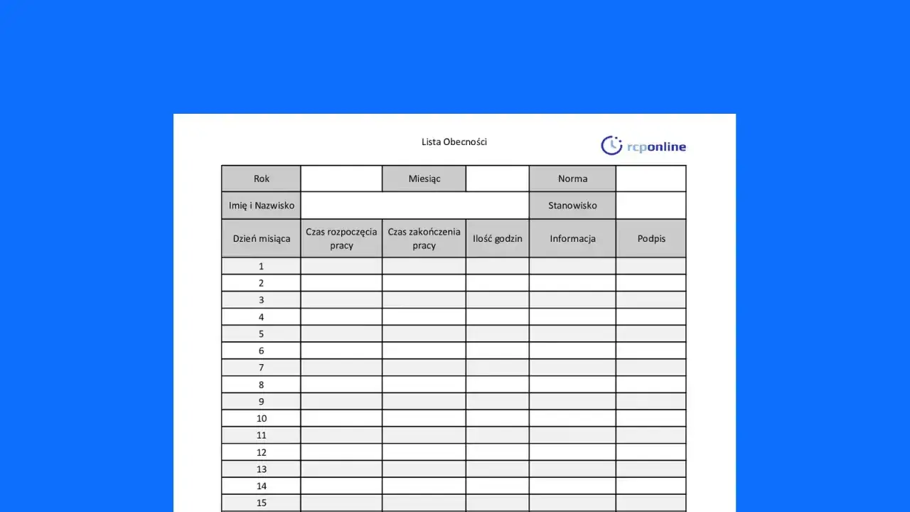 Lista obecności w arkuszu Excel, zawierająca pola na rok, miesiąc, imię i nazwisko, dni miesiąca, czas pracy, ilość godzin, informacje i podpis.