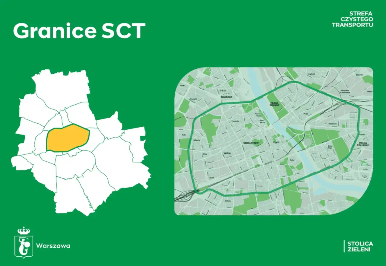 Mapa Warszawy z zaznaczoną Strefą Czystego Transportu. Nowe normy spalin w Krakowie mogą wpłynąć na podobne strefy w innych miastach.