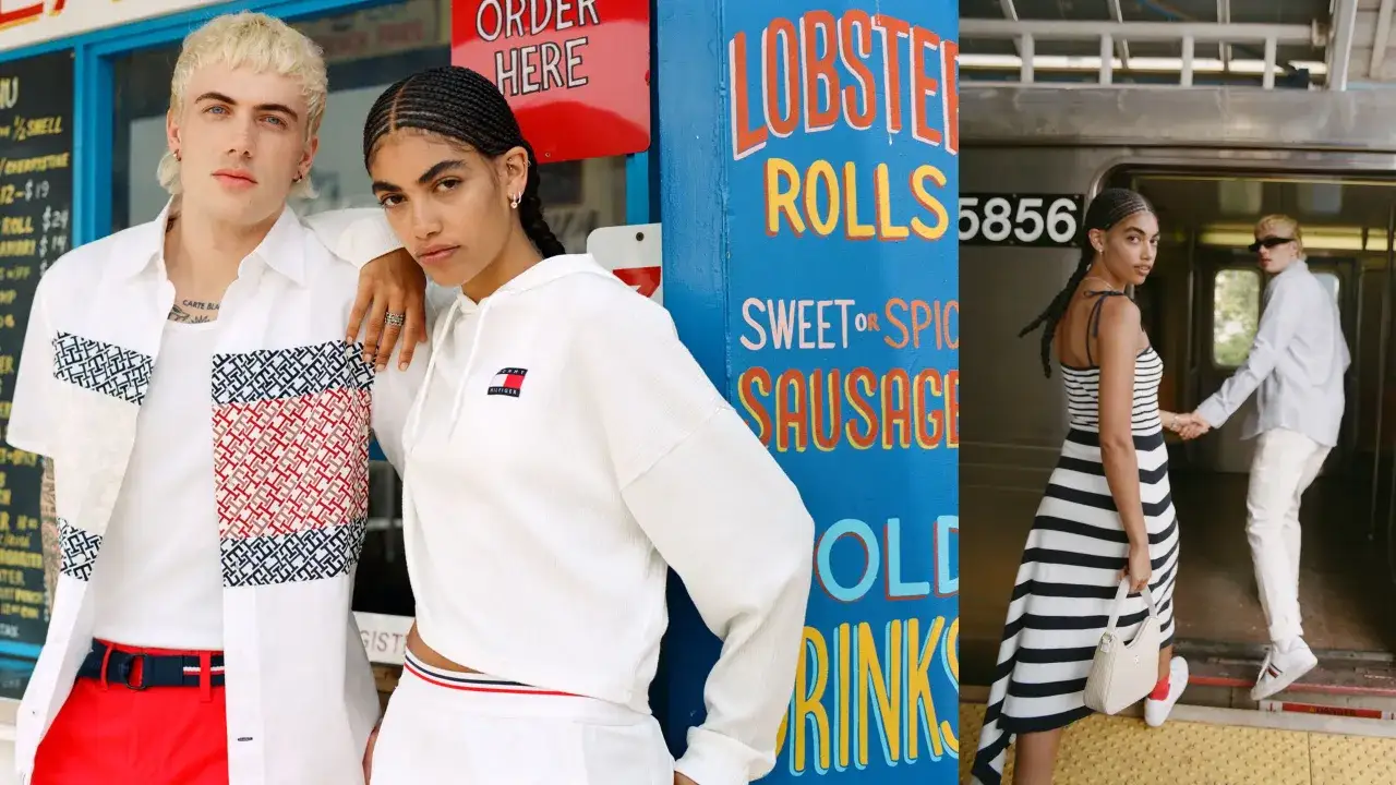 Tommy Hilfiger to firma znana z klasycznej odzieży w stylu preppy. Na zdjęciu młodzi ludzie w ubraniach tej marki, na tle budki z jedzeniem i pociągu.
