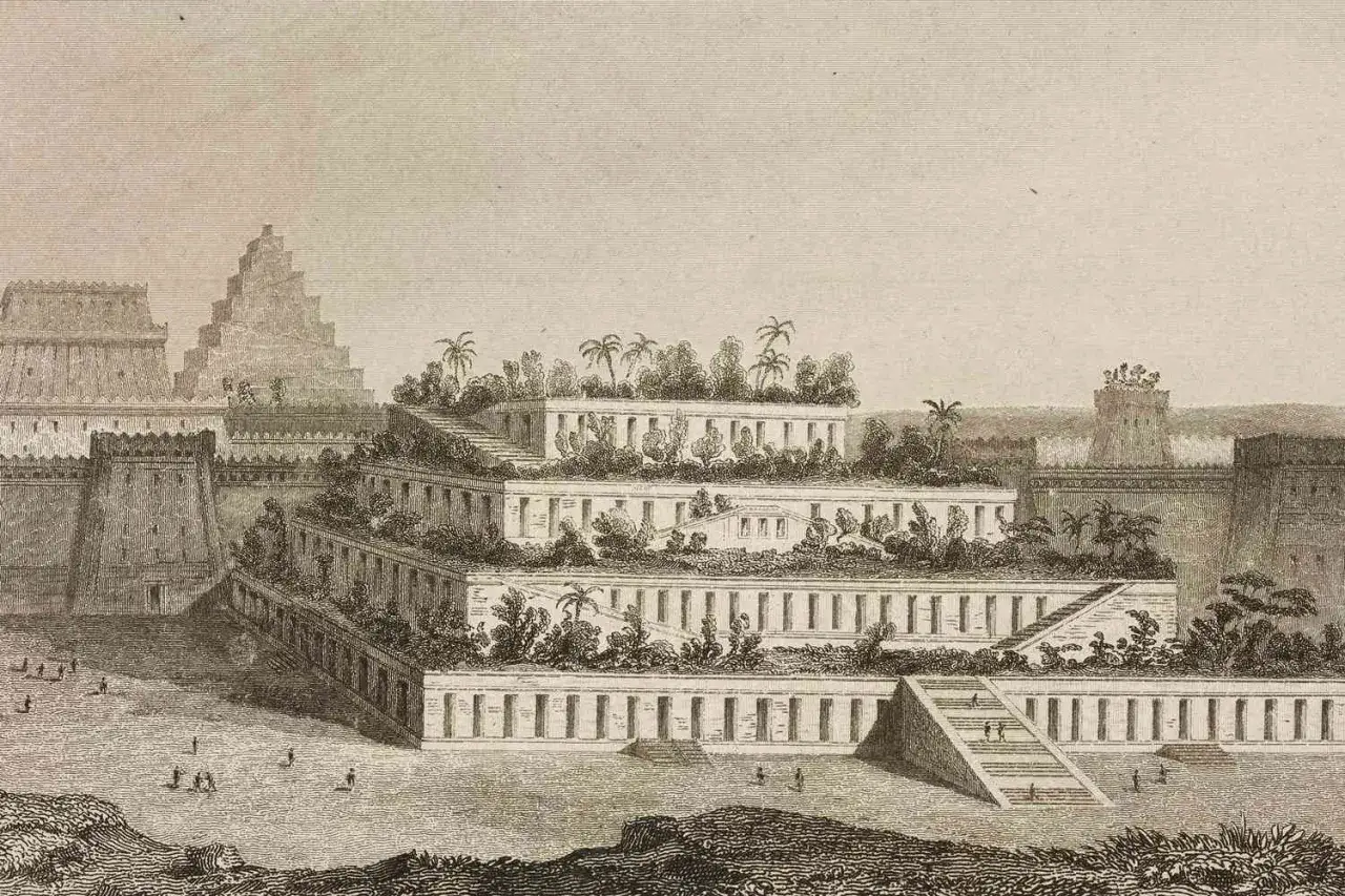 En illustration av Babylons hängande trädgårdar, ett av antikens sju underverk. Terrasser fyllda med träd och växter reser sig mot himlen.